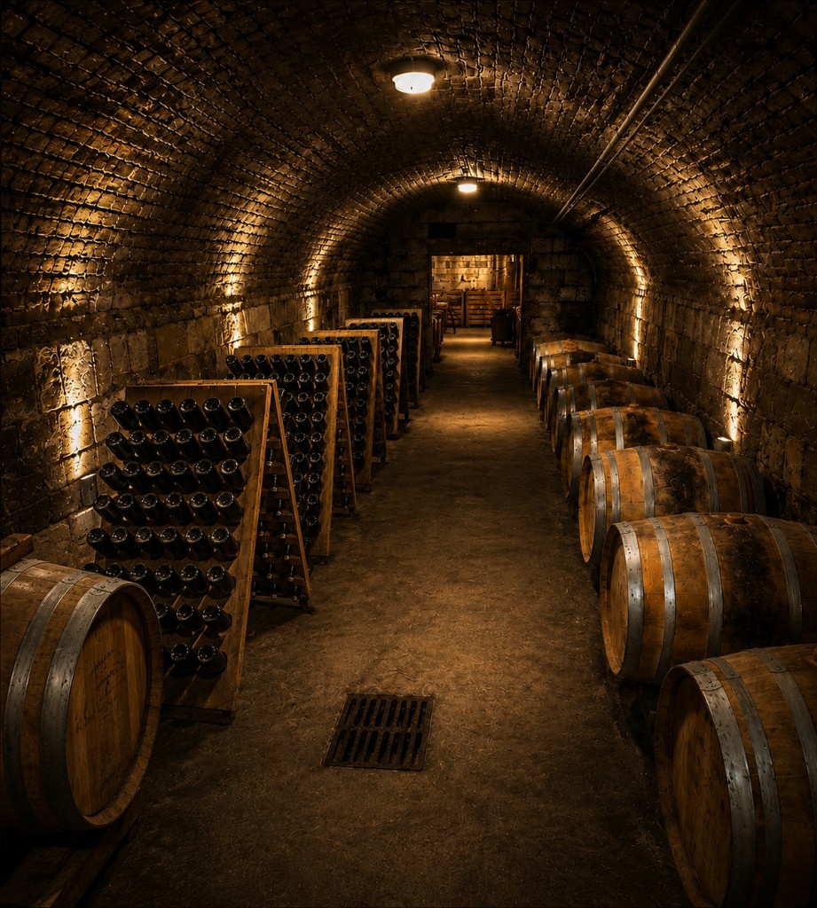 Cave voûtée de Champagne Alexandre Méa — pupitres de remuage et fûts de chêne sous une lumière chaleureuse