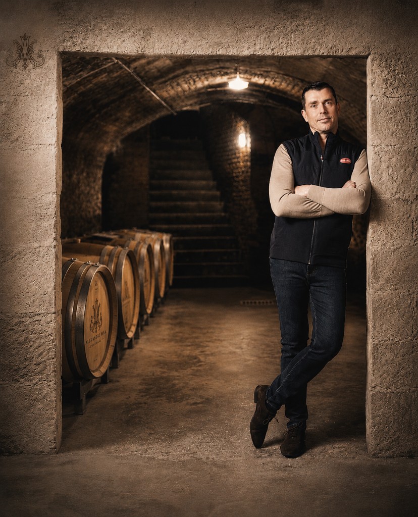 Alexandre Méa in the vaulted chalk cellars of Champagne Alexandre Méa, Champillon